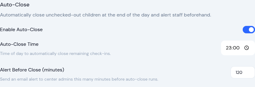 KidzLog auto-close settings showing the toggle, time picker, and alert configuration