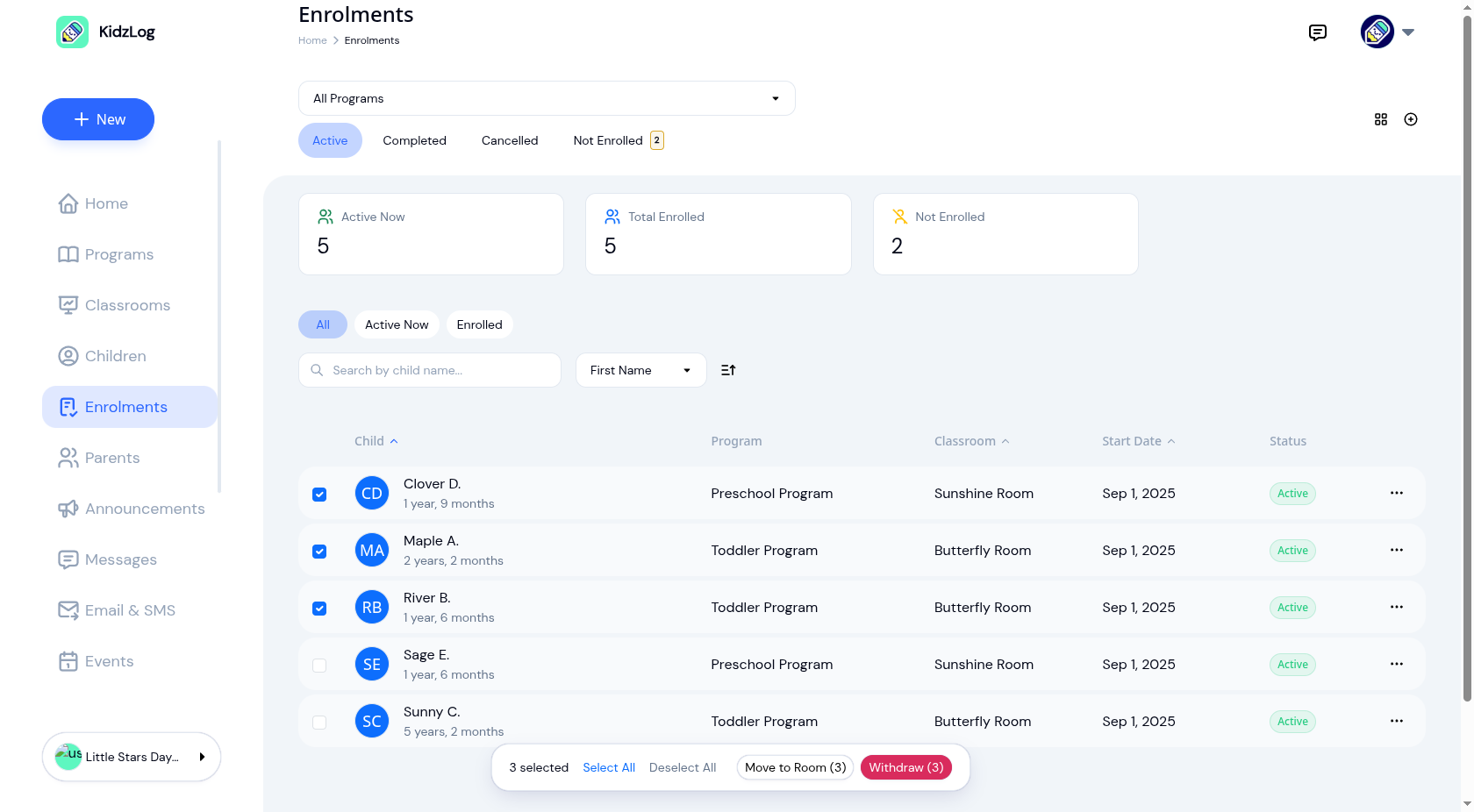 Enrollment list with bulk actions bar showing Move to Room and Withdraw buttons