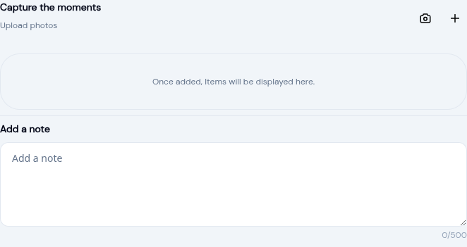 Camera and upload buttons side by side in the KidzLog activity form