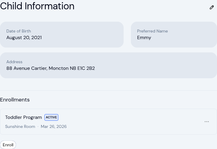 The Child Information panel in KidzLog showing date of birth, preferred name and the new Address field, above the child's enrollments
