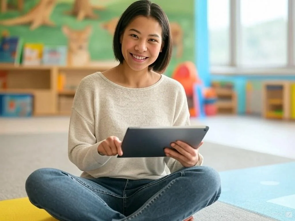 Daycare provider using KidzLog childcare management software on a tablet