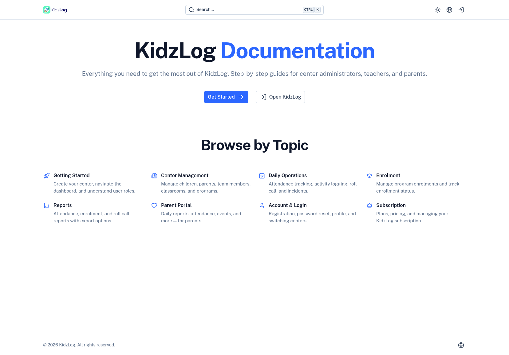 KidzLog documentation homepage showing topic categories including Getting Started, Center Management, and Daily Operations