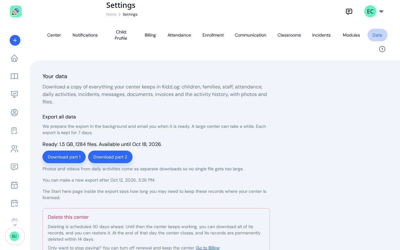 The Data tab in KidzLog settings with a finished export: its size, file count and the date it is available until, and a download button for each part