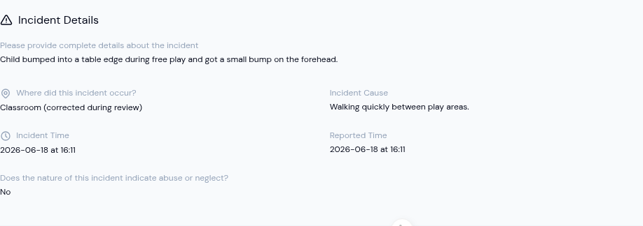A daycare incident report in KidzLog — structured fields, a safeguarding check, and signatures, ready to export