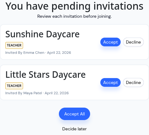 KidzLog pending invitations screen with two invite cards and Accept All action