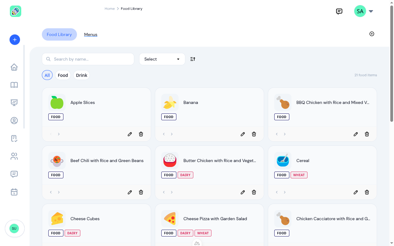 KidzLog food item library showing emoji icons and allergen tags