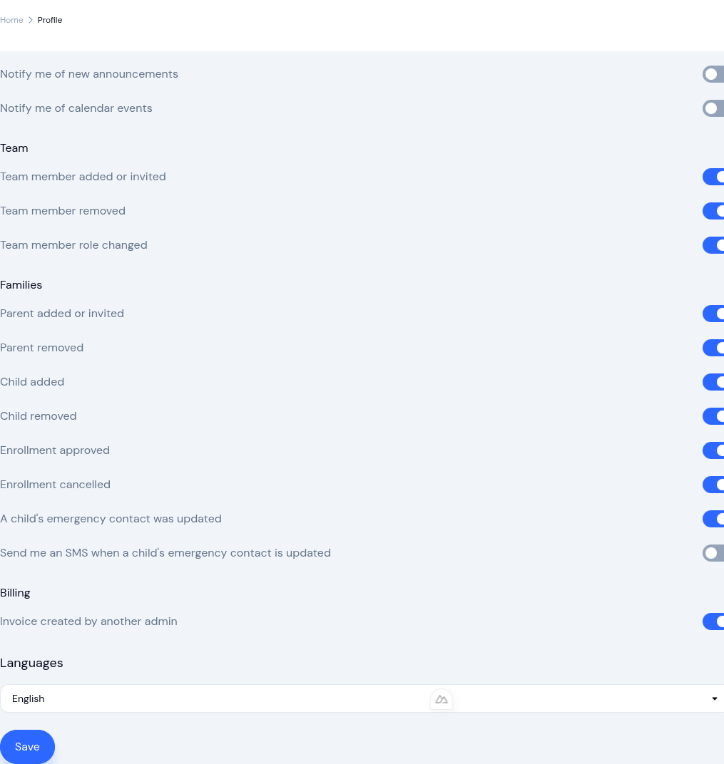 KidzLog notification settings page showing the new enrollment, classroom, medical, and emergency contact toggles