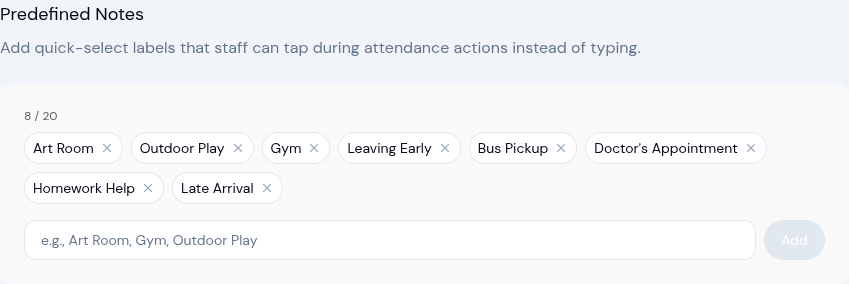 Configuring predefined attendance notes in KidzLog settings