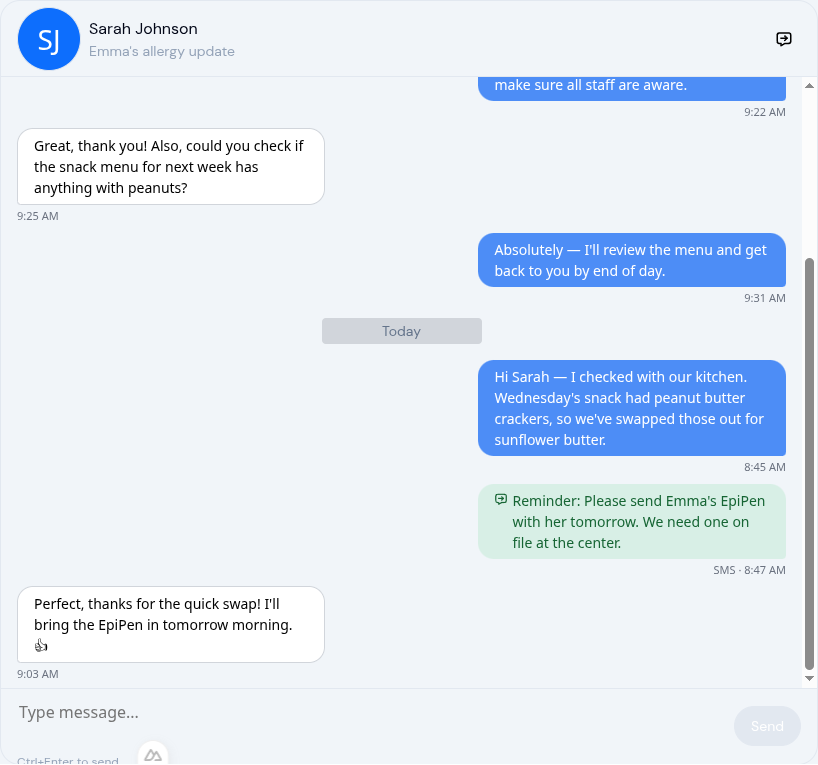 KidzLog unified communication hub with tabbed navigation for announcements and conversations