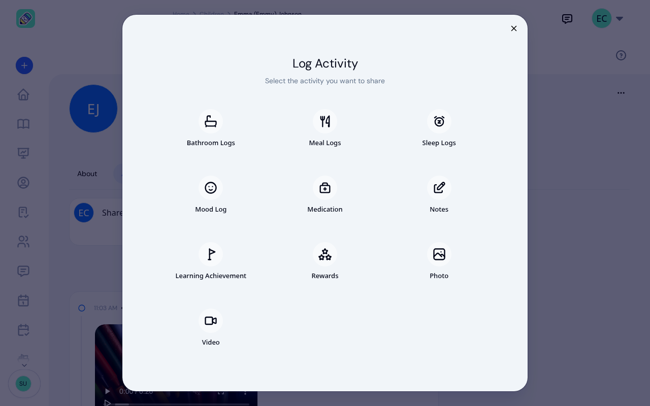 The Log Activity picker a teacher taps: ten entry types on one screen, each one two taps from logged