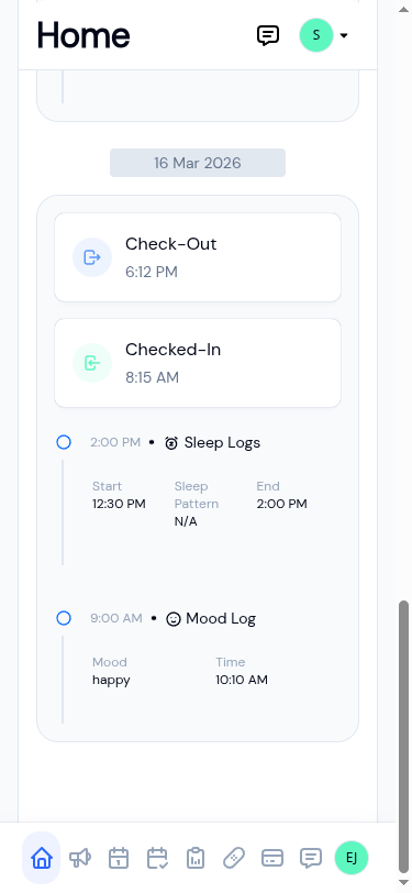 A parent's phone view of one day: checked in at 8:15 AM, a sleep log from 12:30, a happy mood log, checked out at 6:12 PM