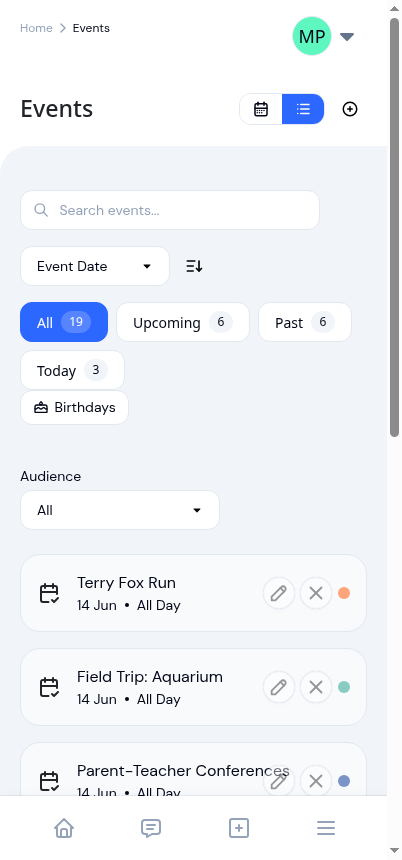The events list on a phone, filtered by upcoming, past, today and birthdays, with a field trip and a fun run