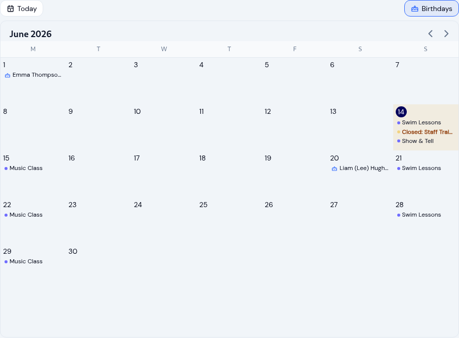 The KidzLog month calendar for June 2026, with swim lessons, music class, a birthday and a staff training closure