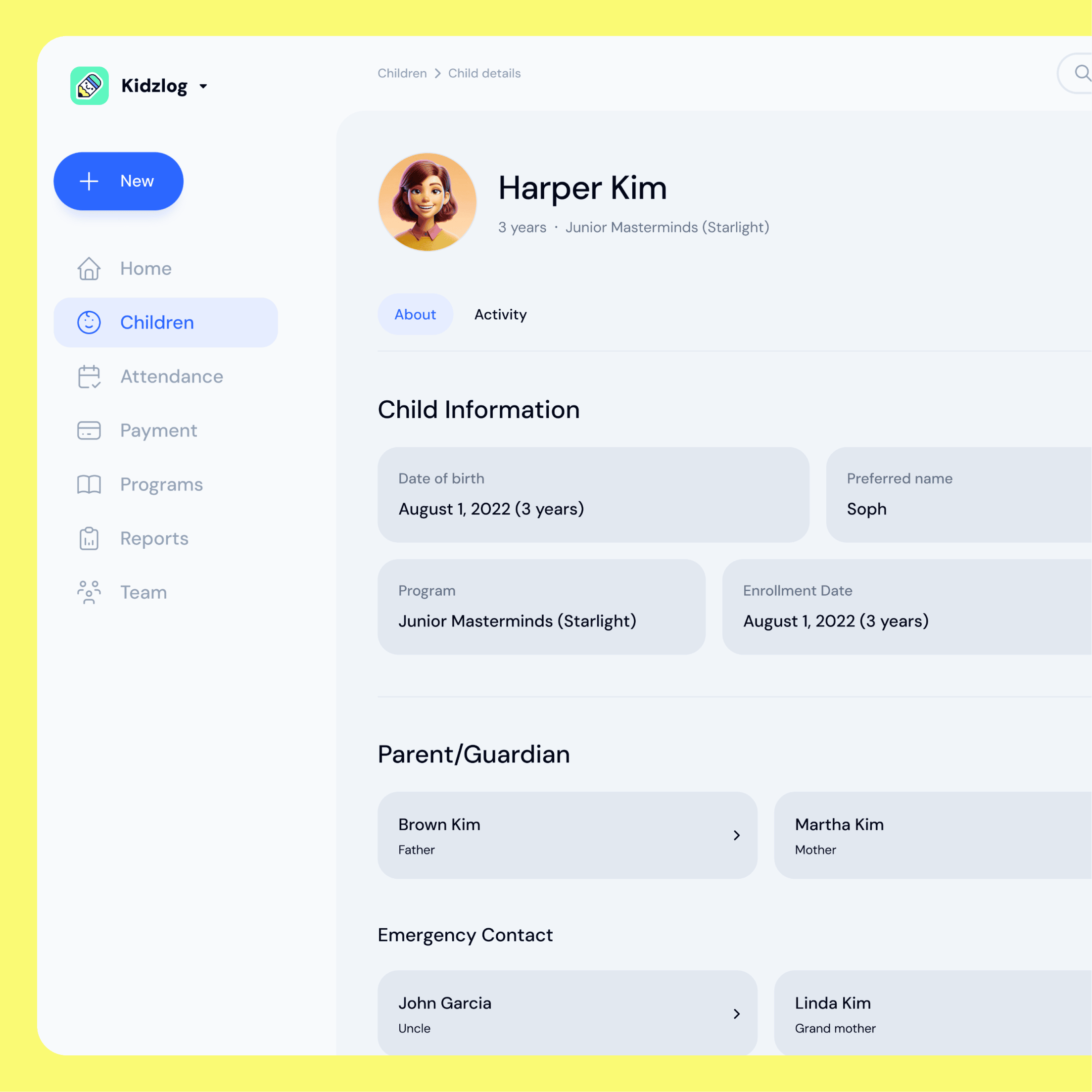 A childcare center roster being imported into KidzLog from a CSV file