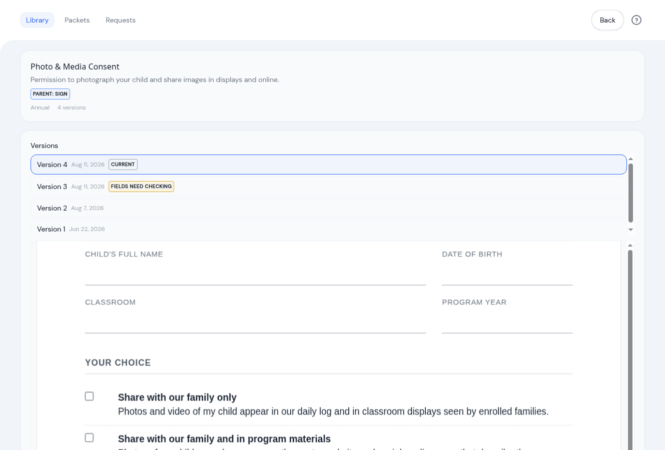 A document page in KidzLog listing every version of a consent form beside a preview of the current one