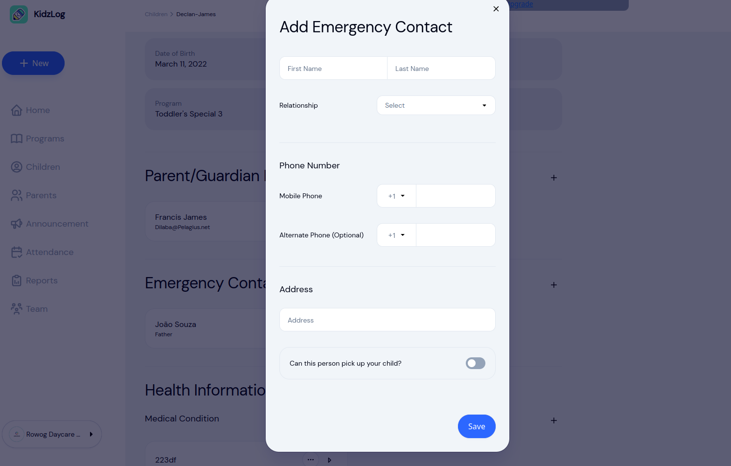 The Add Emergency Contact dialog: name, relationship, phone, address and a toggle for pickup permission