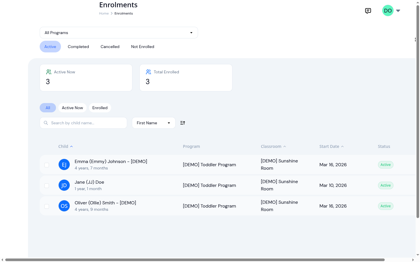 The KidzLog enrolments list, with each child's program, classroom, start date and active status