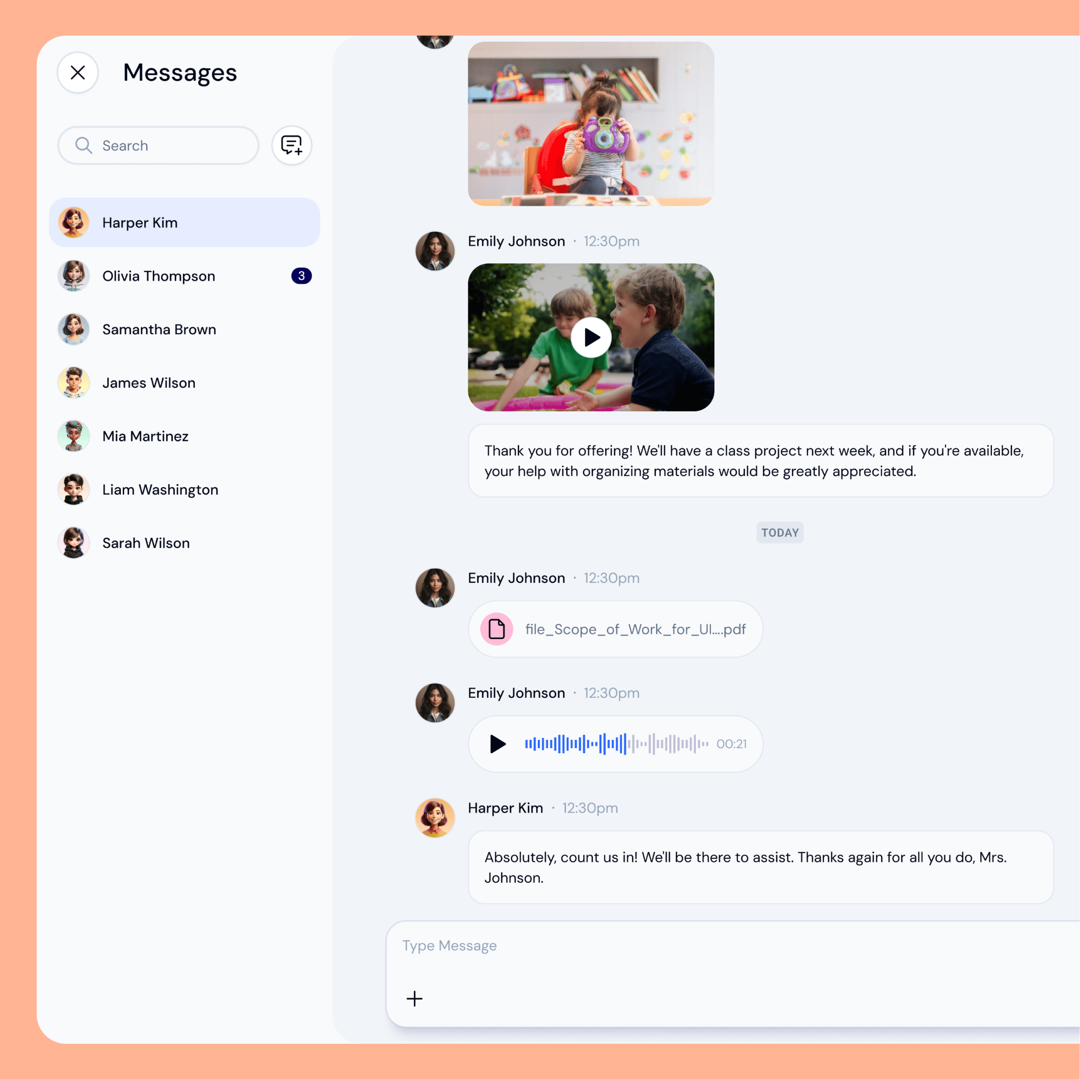 A KidzLog conversation with a parent, carrying a photo, a video, a PDF and a voice note