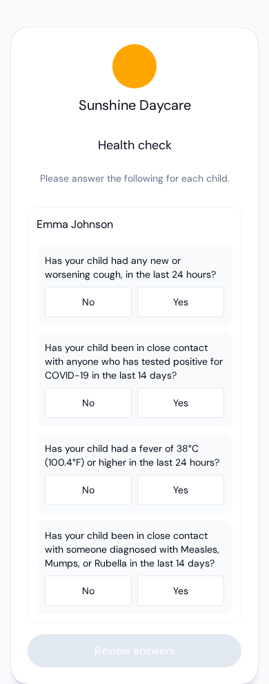 The health check step on a parent's phone, asking Sunshine Daycare's four screening questions about Emma with a No and a Yes for each