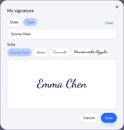 Draw or type your signature, and save one to reuse