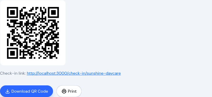The QR Code Check-In setting in KidzLog — generate, download, and print your center's check-in QR code