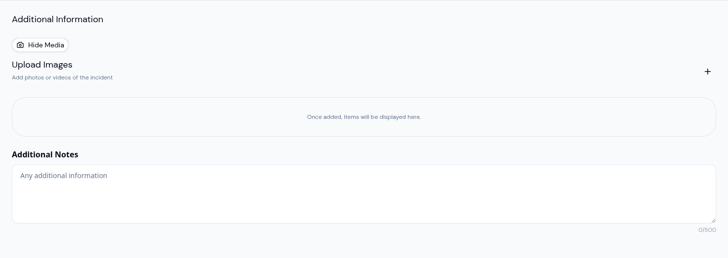 KidzLog incident report form with a media upload zone that accepts photos or videos of the incident
