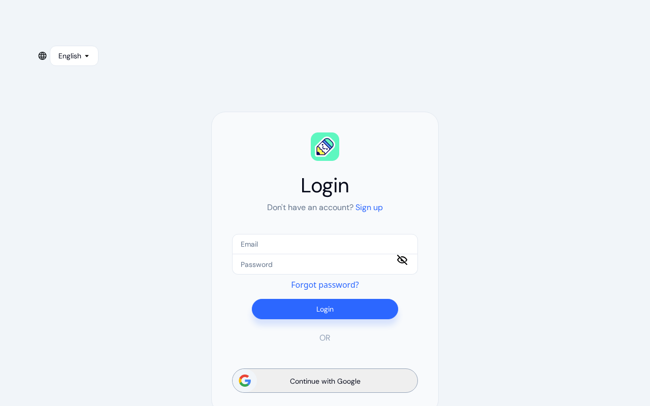 Login form with email, password, forgot password link, and Google sign-in option