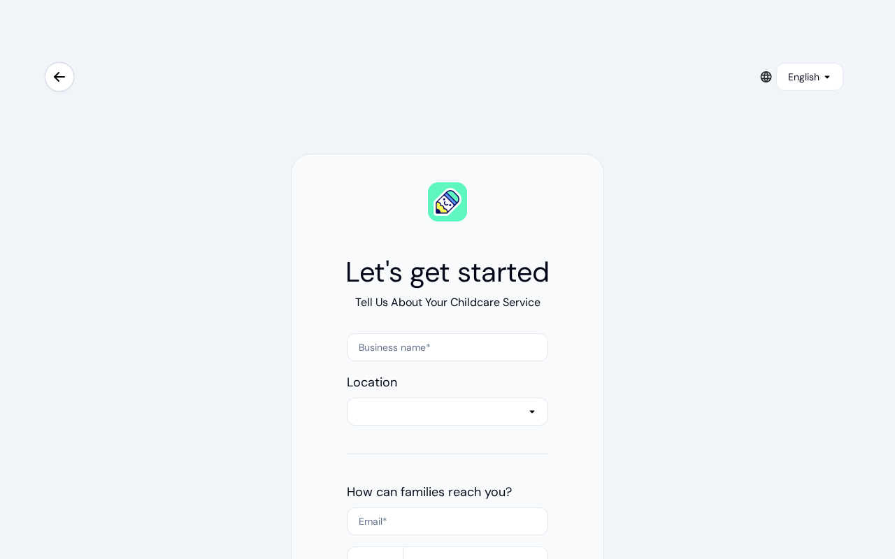 Center creation form with business name, location, email, and phone fields