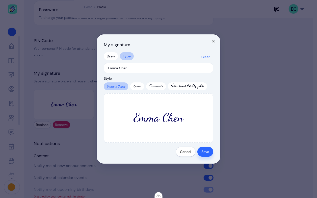 Signature editor in Type mode showing the Draw and Type toggle, the name field, handwriting style options, and a preview