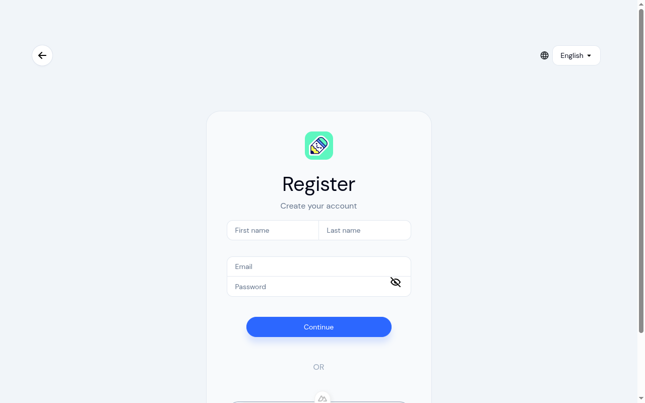 Registration form with name, email, and password fields