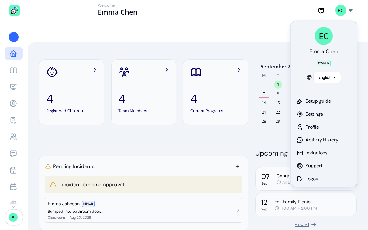 User dropdown menu showing the account name and role, a language switcher, and entries for Setup guide, Settings, Profile, Activity History, Invitations, Support, and Logout