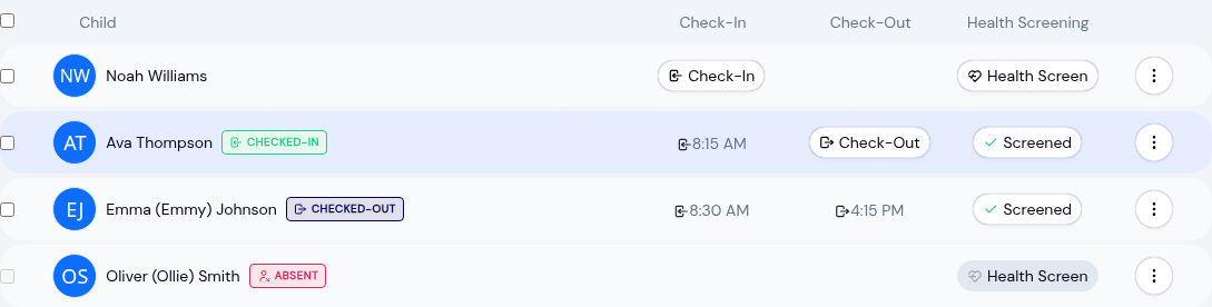 Attendance list showing a not-marked child, a green Checked-In chip, a blue Checked-Out chip with check-in and check-out times, and a red Absent chip