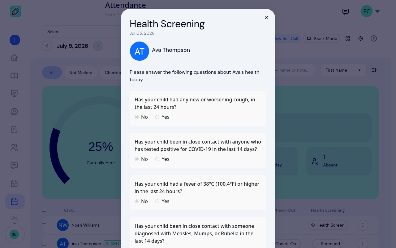 Completed health screening reopened in read-only view, showing the recorded answers and a Close button
