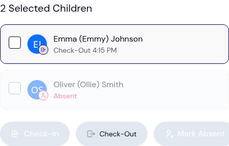 Kiosk attendance screen showing a parent's two children, one with a Checked-Out status and one Absent, above the Check-In, Check-Out, and Mark Absent buttons