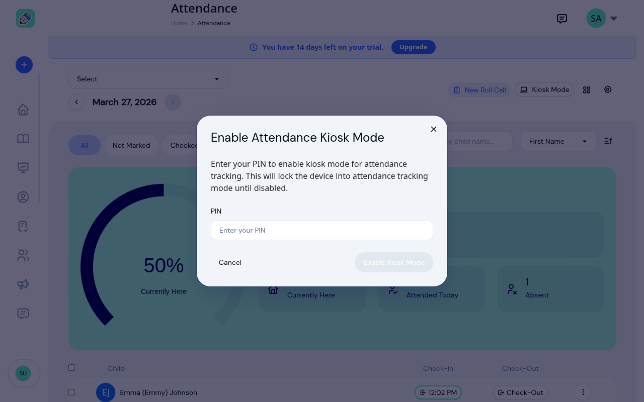 Enable Kiosk Mode modal asking for staff PIN