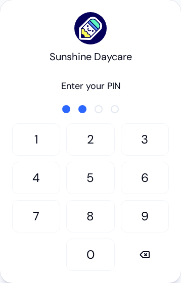 Phone screen for Sunshine Daycare showing Enter your PIN, two of four PIN dots filled, and a number keypad