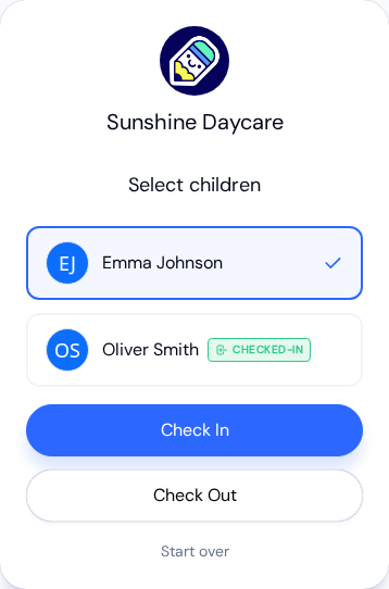 Select children screen with Emma Johnson selected and Oliver Smith showing a green Checked-In label, above the Check In and Check Out buttons and a Start over link