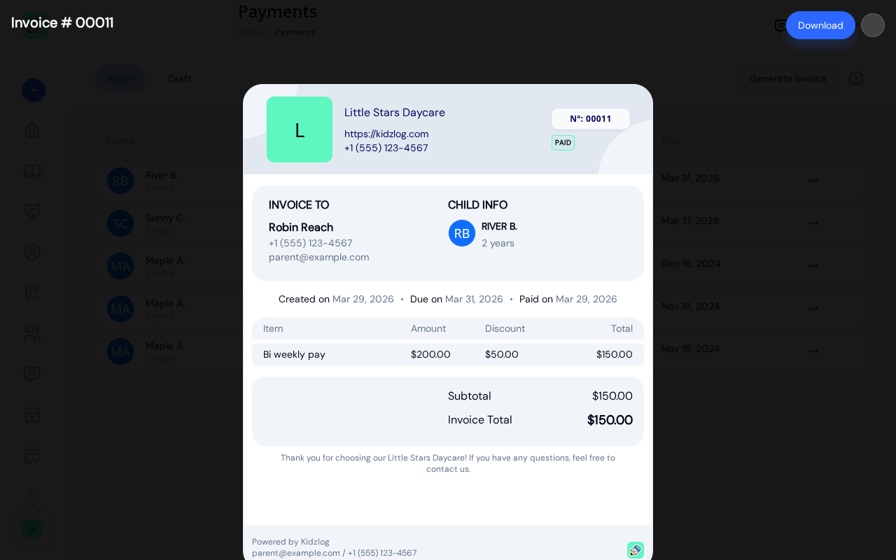 Invoice slip modal for Invoice No. 00011 showing Little Stars Daycare header, a PAID badge, the child name River B, creation and due dates, a Bi weekly pay line item at $200 with a $50 discount and $150 total, and the calculated subtotal and invoice total