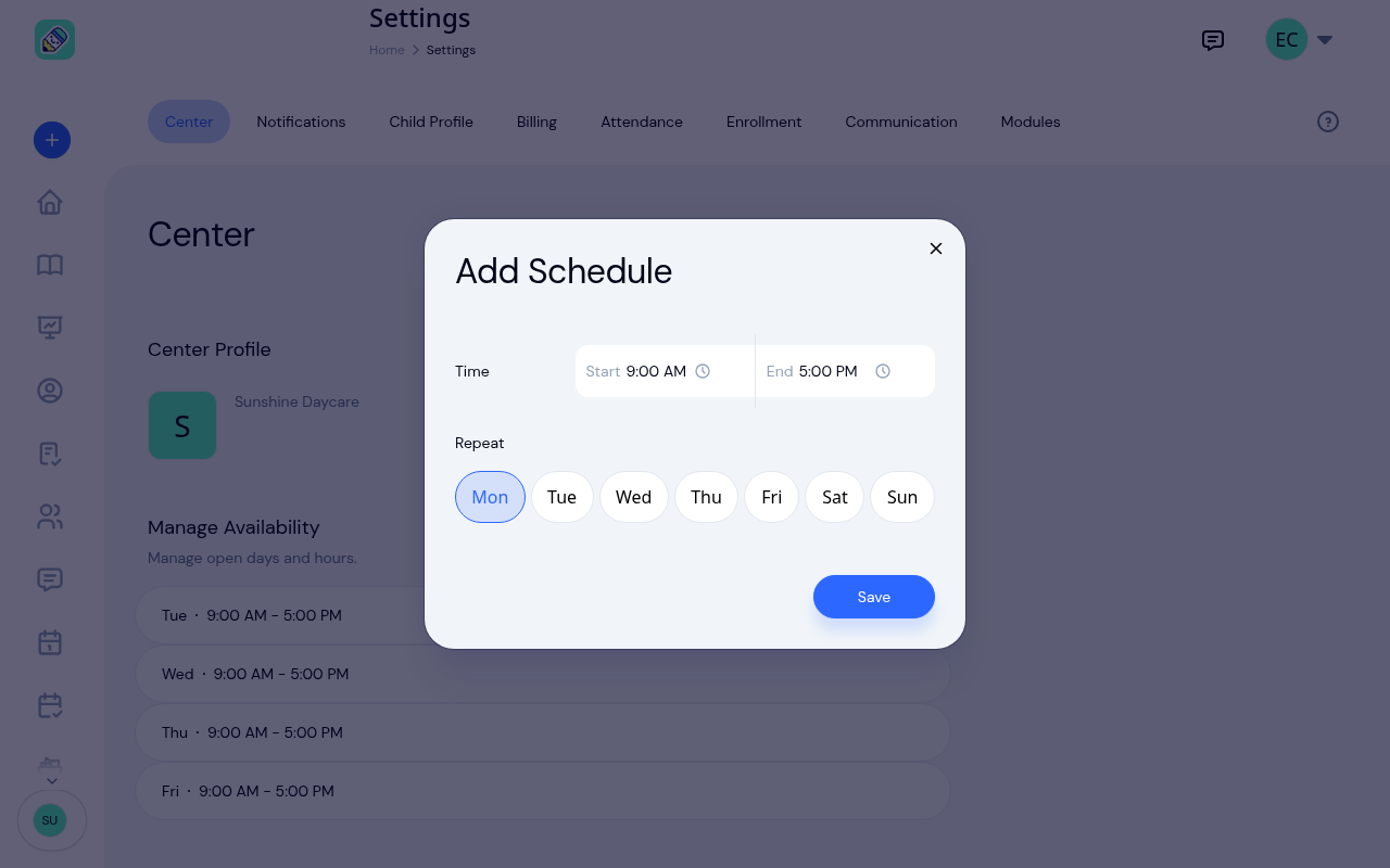 Add Schedule window with Start and End time pickers and a row of weekday buttons under Repeat