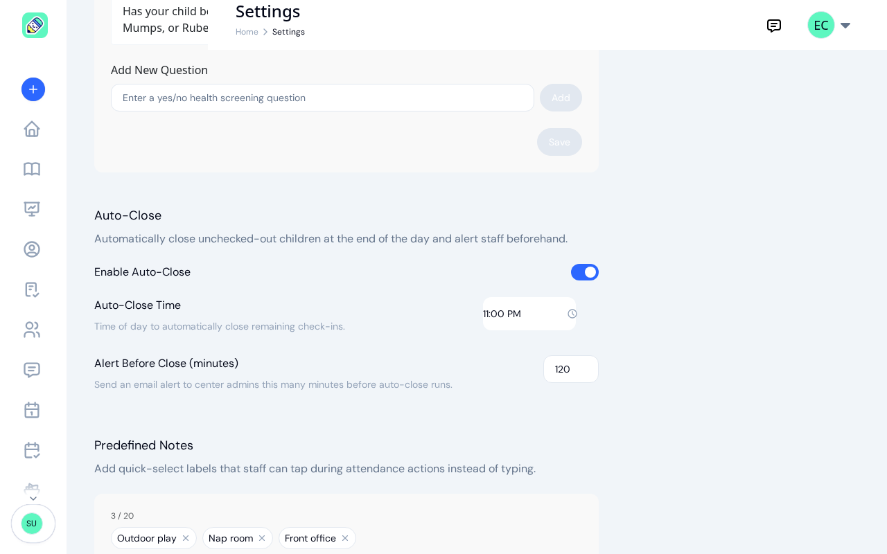 Auto-close settings with the switch on, showing the auto-close time and the alert-before-close minutes, above the predefined notes section with three saved notes