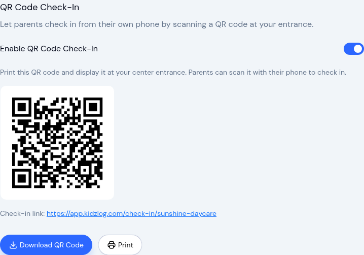 QR Code Check-In settings showing the enable toggle, the generated QR code, the check-in link, and the Download QR Code and Print buttons