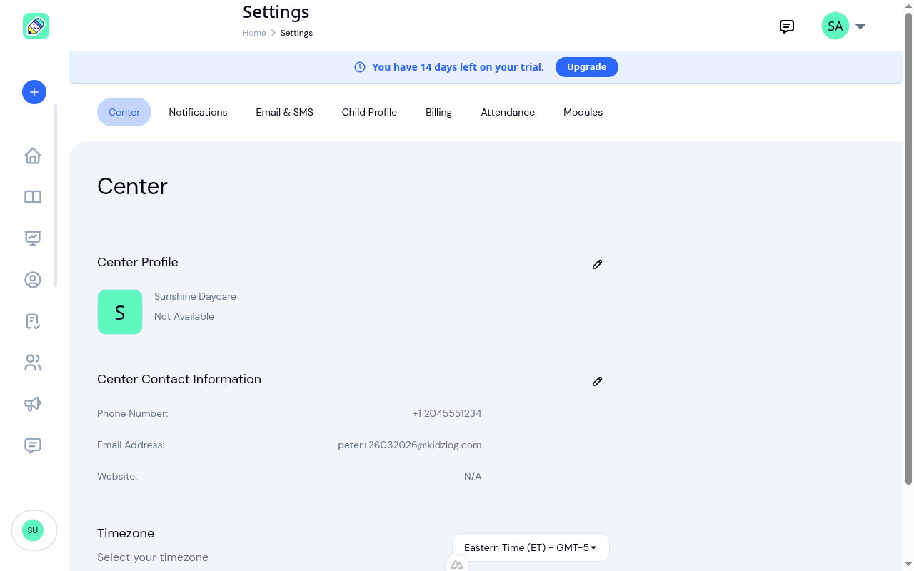 Settings page showing the Center tab with tab navigation, center profile, contact information, and timezone selector