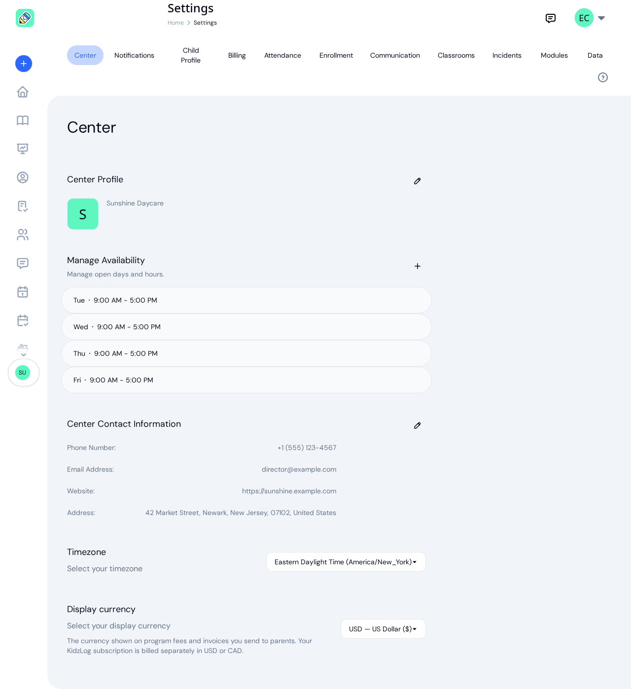 Settings page on the Center tab, with the eleven-tab bar from Center to Data above the center profile, operating hours, contact information, timezone, and display currency