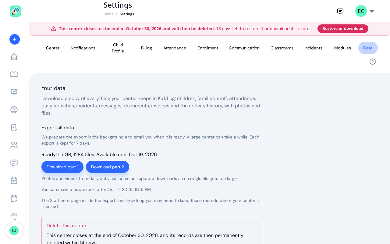 A red banner across the top of the page reading "This center closes at the end of" the date "and will then be deleted", with 18 days left to restore it or download its records and a Restore or download button, above the Data tab