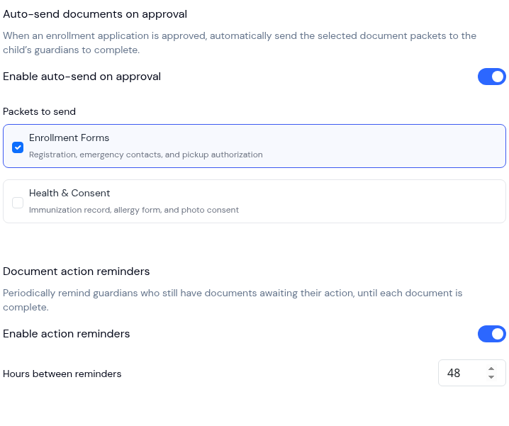Auto-send documents on approval with two packets listed and Document action reminders set to remind every 48 hours
