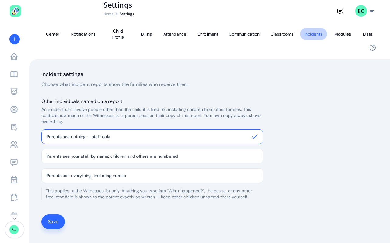 Settings page on the Incidents tab, showing the three choices for Other individuals named on a report with "Parents see nothing — staff only" selected, and the note that the setting covers the Witnesses list only