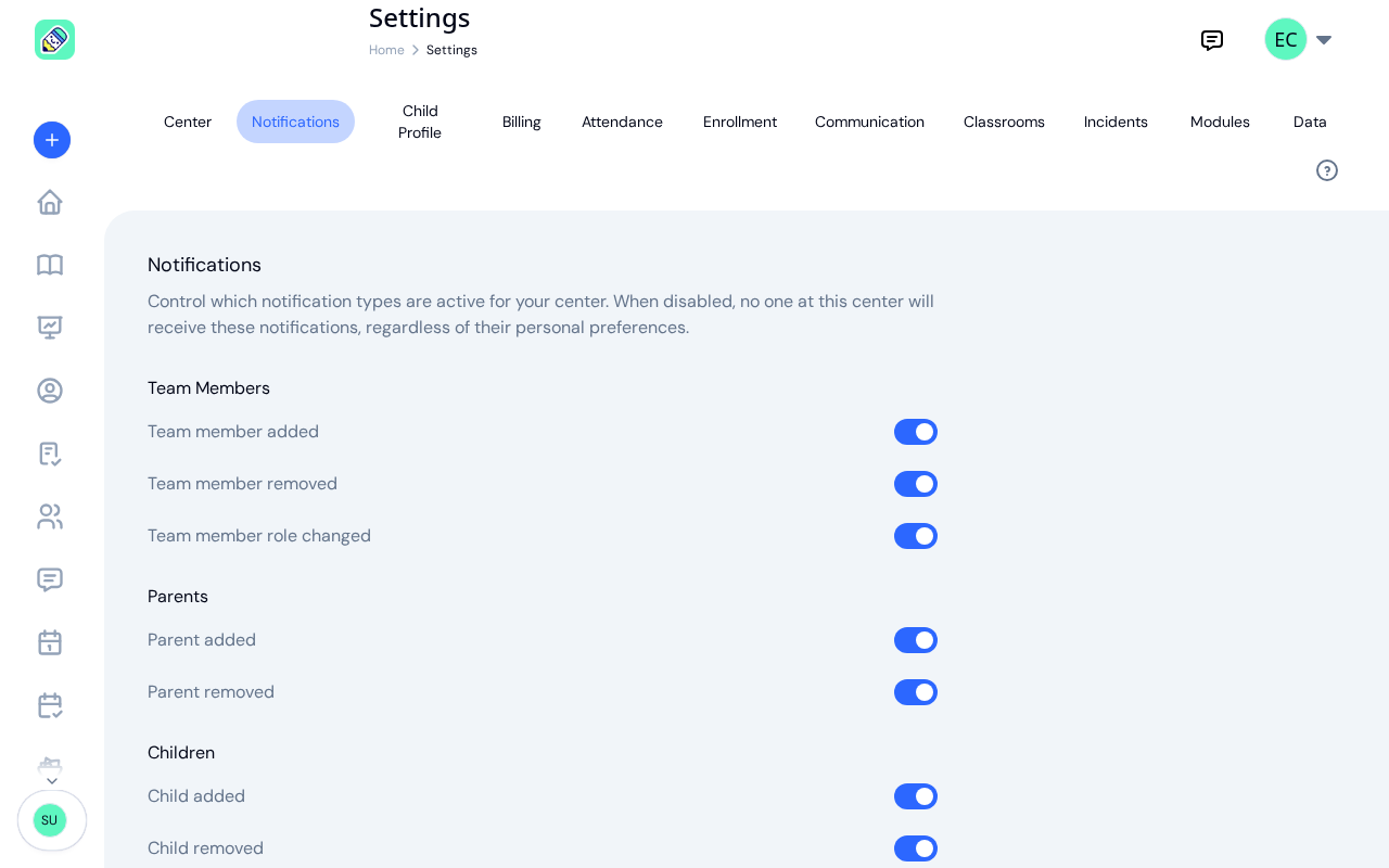 Settings page open on the Notifications tab, showing the Team Members and Parents groups and the start of the Children group, every switch on