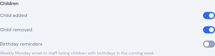 Children notification group with Child added and Child removed switched on and Birthday reminders switched off, showing its weekly Monday email description