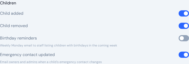 Children notification group with Child added, Child removed and Emergency contact updated switched on and Birthday reminders switched off, each with its description