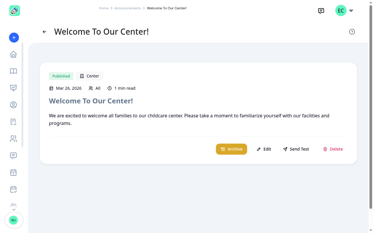 Announcement detail page showing status, scope, metadata, content, and action buttons